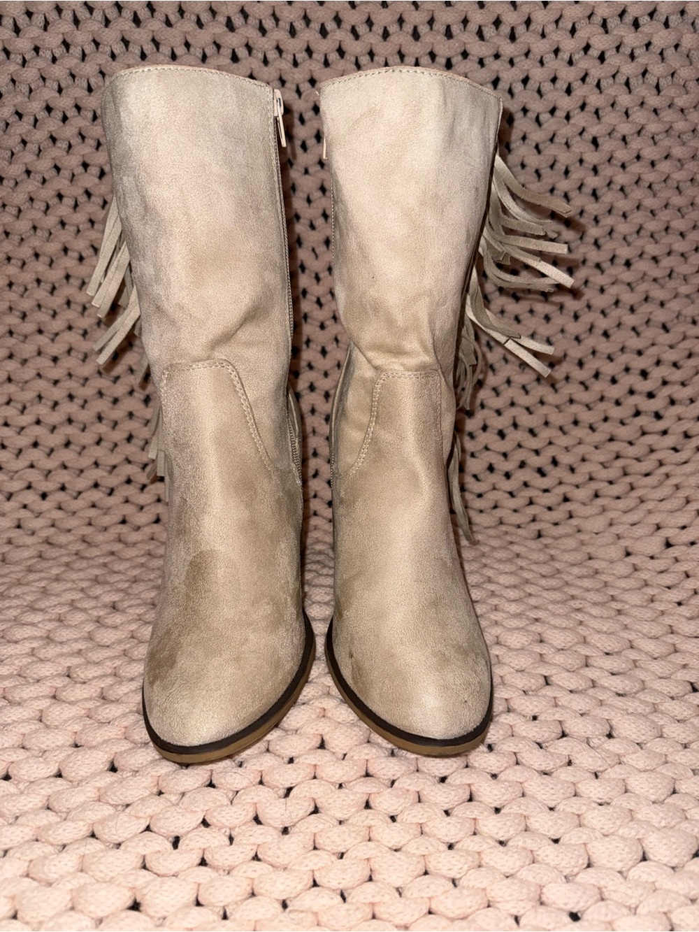 Marshalls Beige Fringe Mid-Calf Heeled Boots